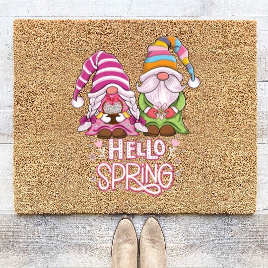 Hello Spring Floral Gnomes Daisy Flowers Spring Gn Coir Doormats