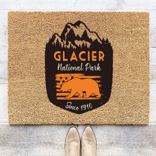 Glacier National Park Us Flag Grizzly Bear Coir Doormats