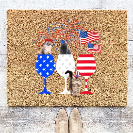 Cat 4Th Of July Red White Blue Wine Coir Doormats