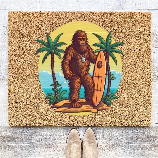 Bigfoot With A Surf Board At Hawaiian Beach Coir Doormats
