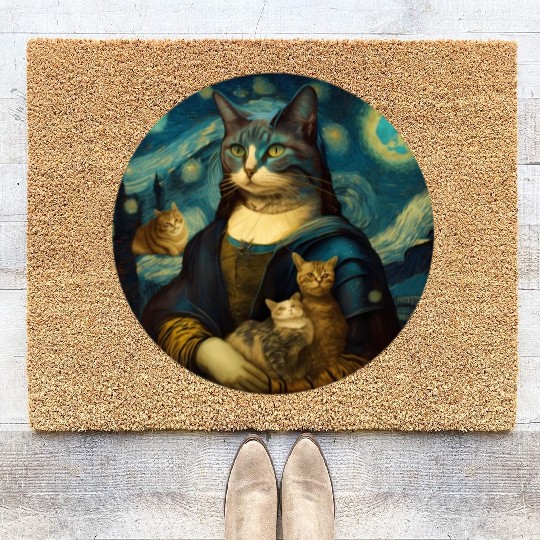 Mona Lisa With Cats Starry Night Van Gogh Painting Coir Doormats
