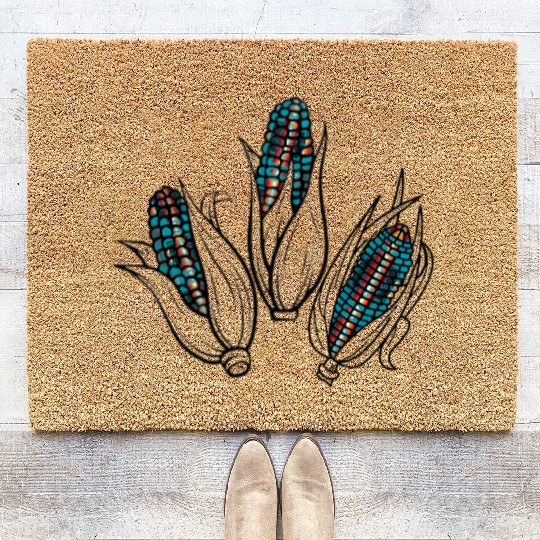 Native American Turquoise Corn Tribal Pattern Coir Doormats