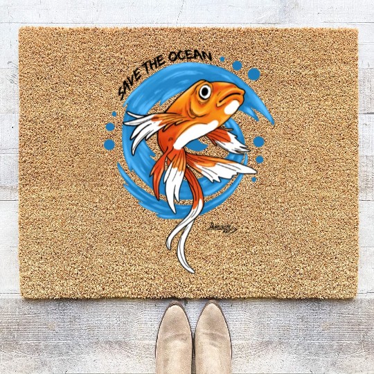 Save The Ocean Orange Fish Blue Waves Environment Coir Doormats