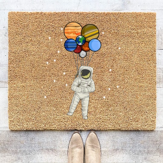 Astronaut Holding Planet Balloons of Solar System Coir Doormats