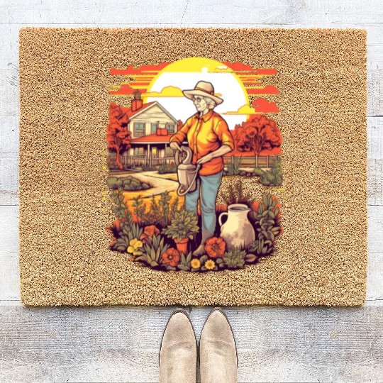 Gardener Grandma Watering Plants Garden Gardening Coir Doormats