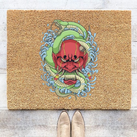 Japanese oni mask with peony flower and greem snak Coir Doormats