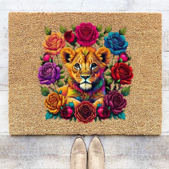 Floral Serenity: A Lion Cub's Innocence Coir Doormats