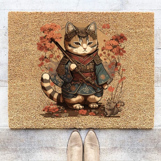Samurai Cat Warrior Japanese Ninja Cat Kawaii Coir Doormats