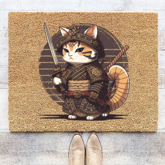 Samurai Cat Warrior Japanese Ninja Cat Kawaii Coir Doormats