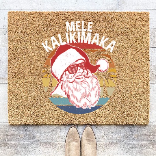 Mele Kalikimaka Hipster Santa Palm Trees Coir Doormats