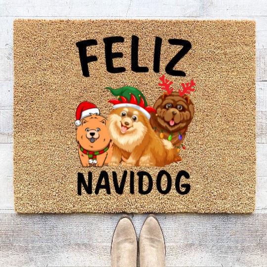 Feliz Navidog Chow Chow Reindeer Christmas Light Coir Doormats