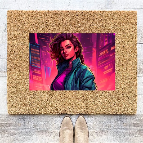 Girl in front of a Neon Pink Cityscape Coir Doormats