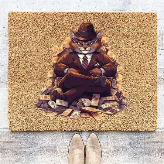 Gangster Cat Dressed In A Stylish Suit And Cash Coir Doormats