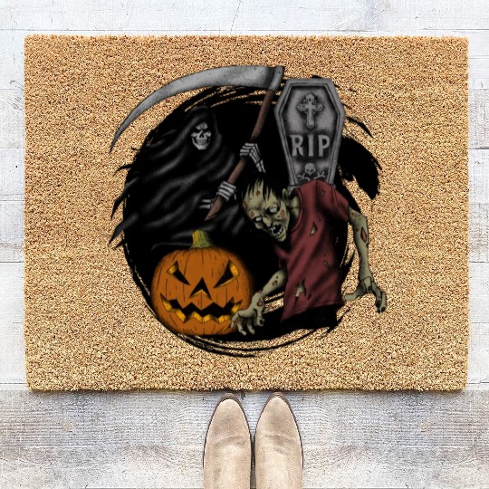 Scary pumpkin zombie Halloween grim reaper Coir Doormats
