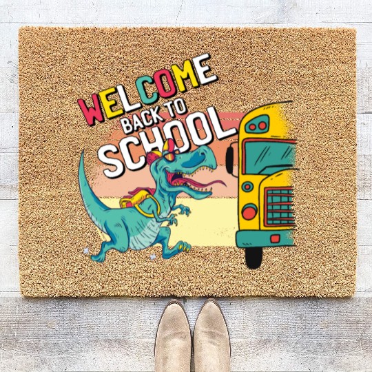 Funny T-Rex Running to School Bus Welcome Back to Coir Doormats