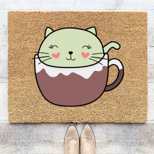 Mint Hot Cocoa Cat in Coffee Mug Coir Doormats