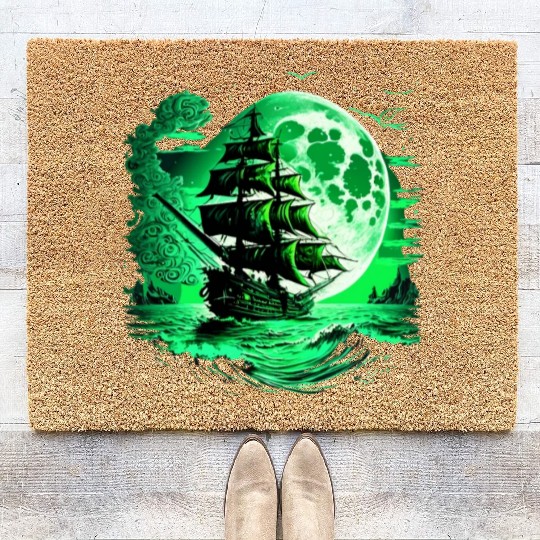 Historical Sailing Ship At Full Moon. Coir Doormats