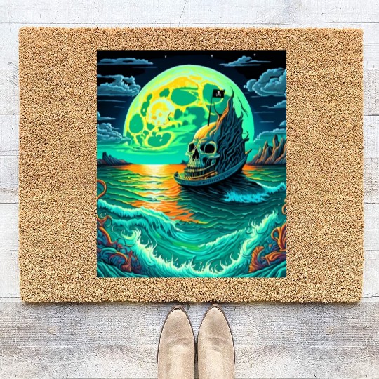 Pirate Ship With A Skull At Full Moon Coir Doormats