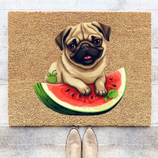 Pug with Melon, Funny Summer Design for Dog Lovers Coir Doormats