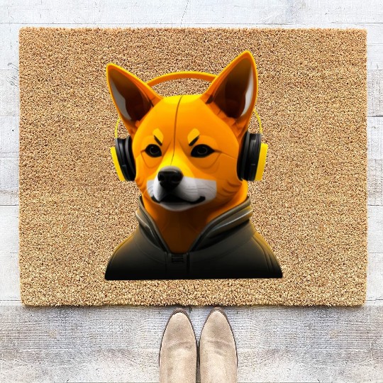 Running Shiba Inu with Headphones, Athletic Dog Coir Doormats