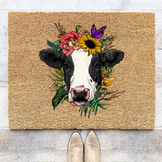Floral Cow Spring Nature For Coir Doormats