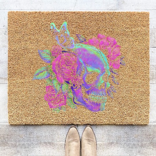 Skeleton Coir Doormats, Neon Skull Roses Gothic Skeleton