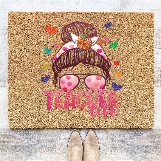 Messy Bun Teacher Life Happy First Day of School Coir Doormats