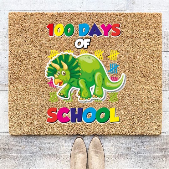 100 days of school green triceratops Coir Doormats