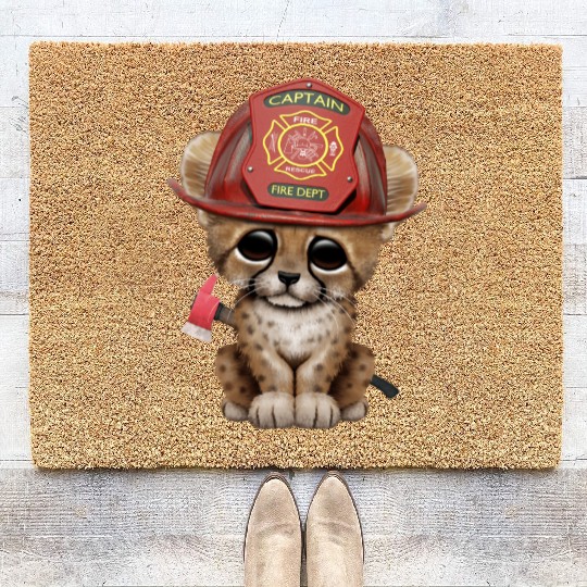 Cute Cheetah Cub Firefighter Coir Doormats