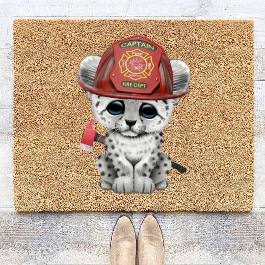 Cute Snow Leopard Cub Firefighter Coir Doormats