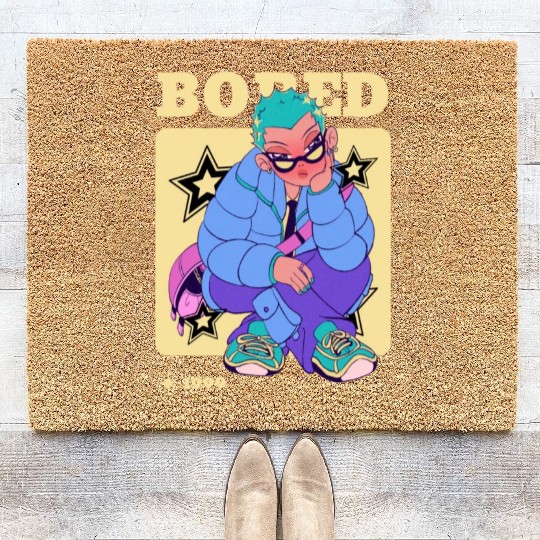 Black Cream Blue Y2K Anime Illustrated Bored Coir Doormats