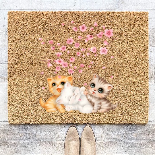 Kitten Lover Japanese Cherry Blossom Cat Art Coir Doormats