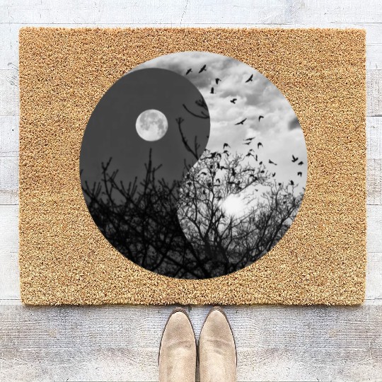 Yin and Yang of Moon and Sun in Black and White Coir Doormats