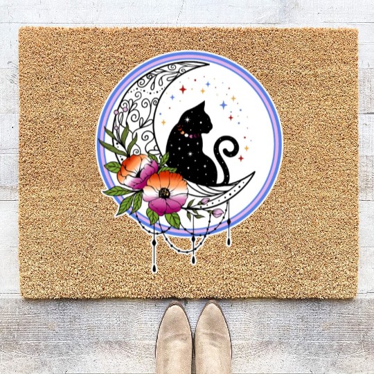Galaxy Cat and Flowers in Lesbian Flag Colors Coir Doormats