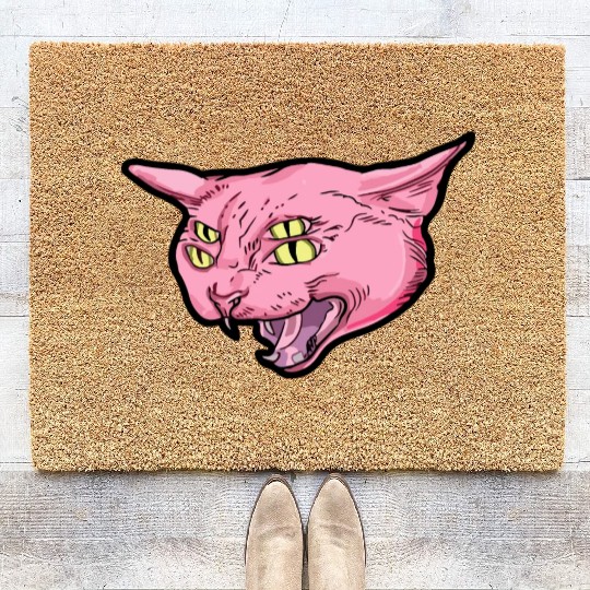 Weird strange pink cat with four eyes alien ufo Coir Doormats