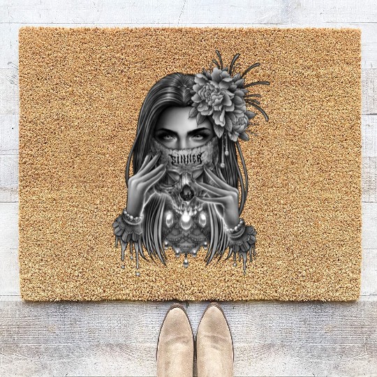 skull mask and peony flower Coir Doormats