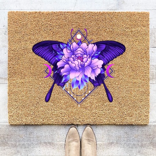 Peony Butterfly geometric tattoo Coir Doormats