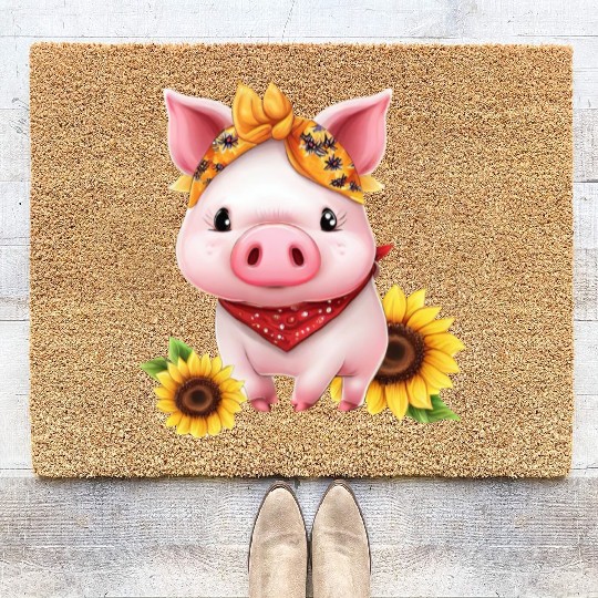 Pig with Bandana and Sunflower, Charming Farm Coir Doormats
