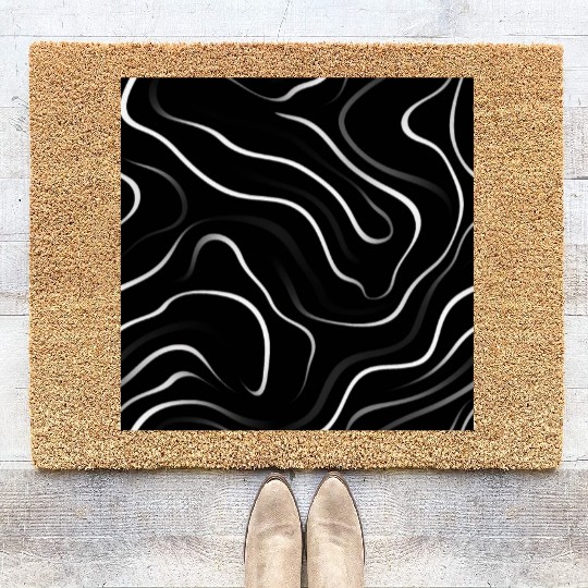 Monochrome Elegance: White Abstract Lines on Black Coir Doormats