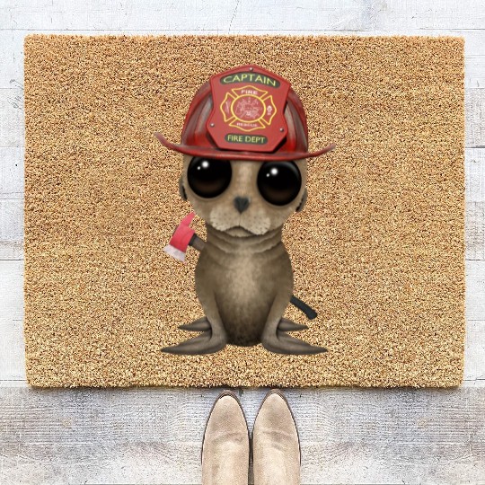Cute Baby Sea Lion Firefighter Coir Doormats