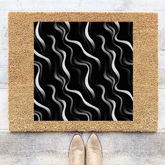 Monochrome Elegance: White Abstract Lines on Black Coir Doormats