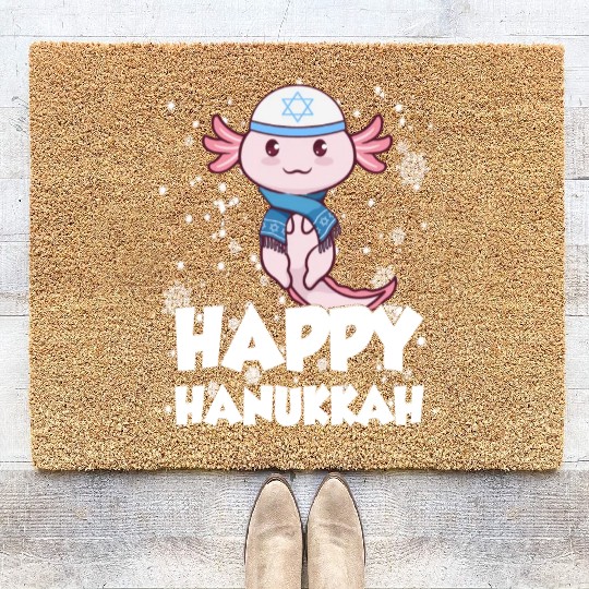 Happy Hanukkah Axolotl Kawaii Cute Axolotl Lover Coir Doormats