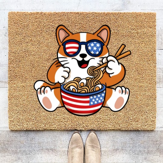 American Flag Cat Eating Ramen Food Lover Design Coir Doormats