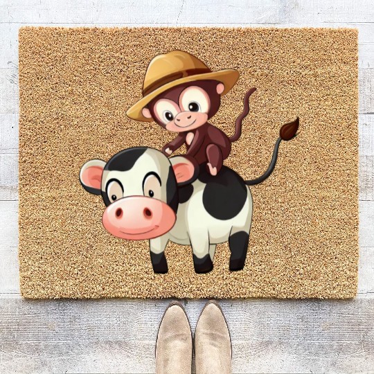 monkey Riding a Cow on Safari Coir Doormats