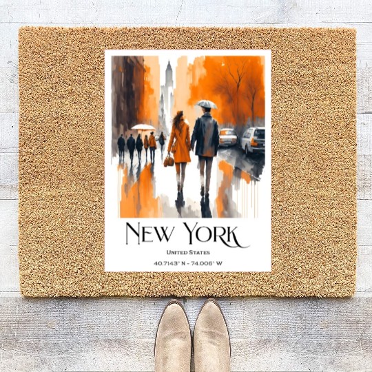 Watercolor painting loving couple in New York City Coir Doormats