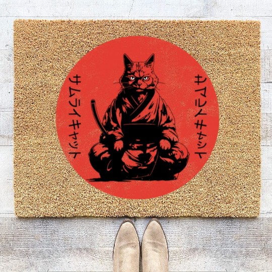 Wise Calm Vintage Retro Japanese Kitty Samurai Cat Coir Doormats