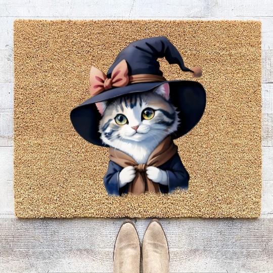 Cute Watercolor Witch Cat Coir Doormats