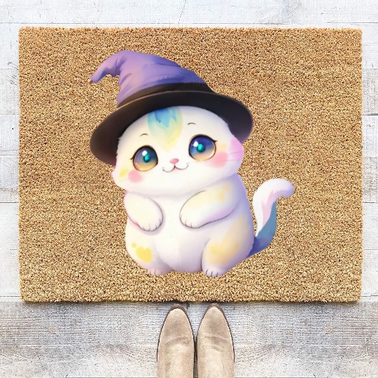 Cute Watercolor Witch Cat Coir Doormats