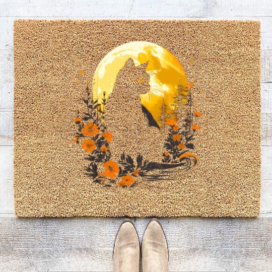 Black cat under the moon and Wild flowers Coir Doormats