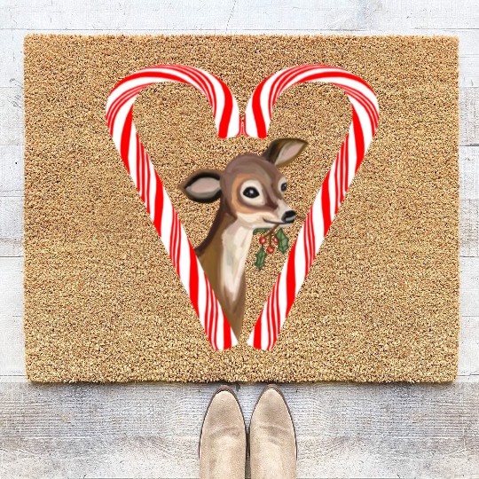 Baby Deer Peeking from Candy Cane Heart Coir Doormats